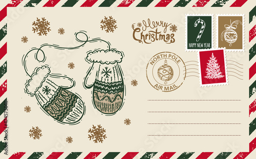 Christmas mail, postcard, hand drawn illustration.	