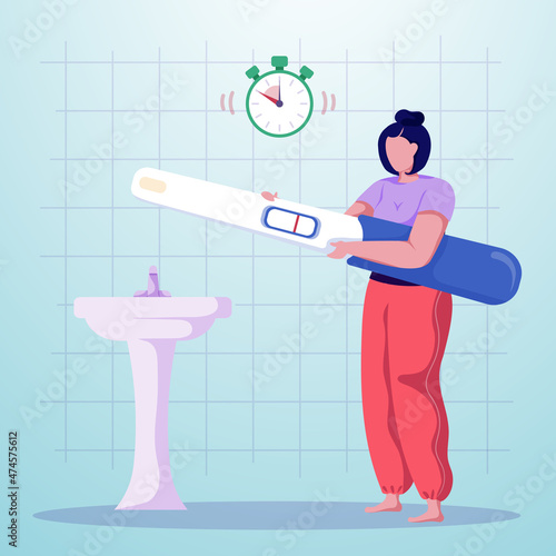 Cartoon woman checking hcg pregnancy test and waiting for result in the bathroom. Female character holding a huge test. No menstruation, period. Colorful vector illustration.