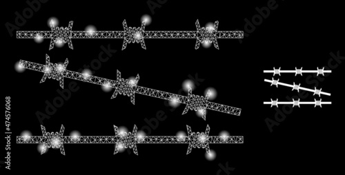 Barbed wire fence icon and glowing mesh barbed wire fence model with bright spots. Illuminated model done from barbed wire fence vector icon and polygonal mesh. Glowing frame barbed wire fence,