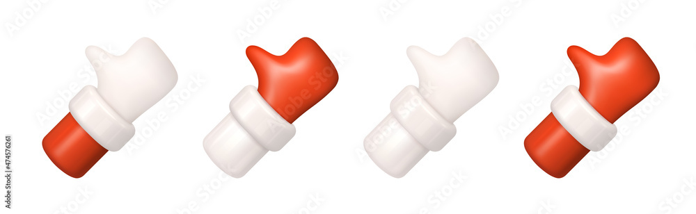 Obraz premium Thumb up gesture. Right and Left Hands of Santa Claus with red sleeves, white cuff and red mitten. The hand shows a gesture like. Realistic 3d design in cartoon style