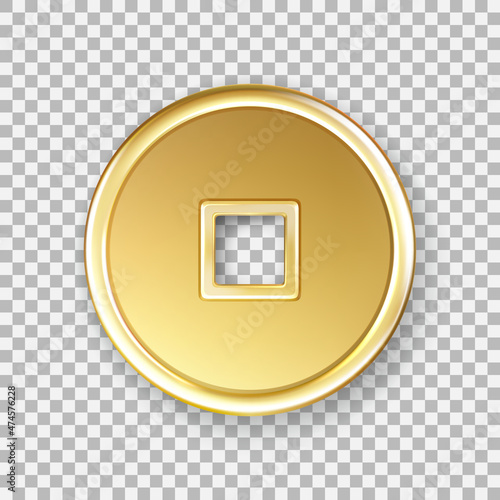 Chinese coin. Shiny glowing gold money. Isolated on transparent background. Magic golden oriental currency symbol object bringing wealth, fortune, prosperity, luck and treasure