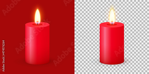 Red wax candle with flame on red and transparency background. Realistic design element to illustrate christmas, birthday, wedding and other celebrations and holidays