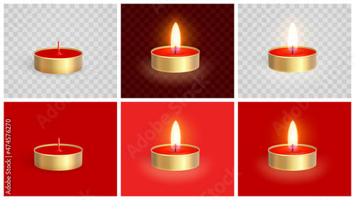 Realistic red candle in gold metal case isolated on red and transparent background. Template for greeting card, invitation and various design products