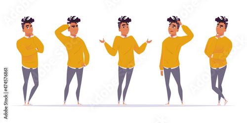 A collection of thinking poses of a stylish African American in casual wear: sweater, jeans, sweatshirt, sneakers.