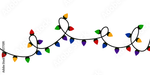 Christmas lights. Holiday festive xmas decoration. Colorful string fairy light set. Lightbulb glowing garland. Rainbow color. Flat design. White background. Isolated. Vector illustrtion