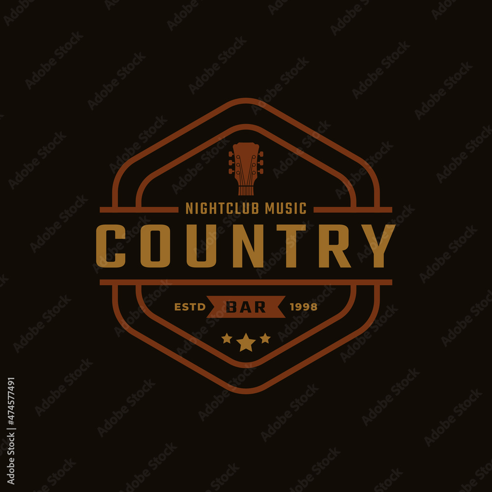 Classic Vintage Retro Label Badge for Country Guitar Music Western Saloon Bar Cowboy Logo Design Template