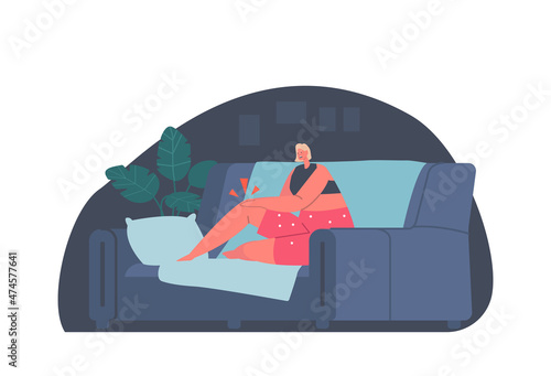 Unhappy Woman in Pajama Sitting in Sofa Feeling Cramps in Knees. Female Character having Sleep Problems, Insomnia