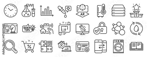 Set of Technology icons  such as Integrity  Washing machine  Verified locker icons. Education idea  Time  Puzzle game signs. Diagram graph  Seo strategy  Refrigerator. Favorite  Research. Vector