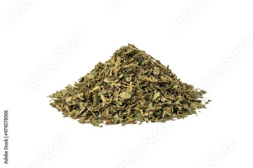 Dried Lemon balm (Melissa officinalis) herb heap isolated on white background.