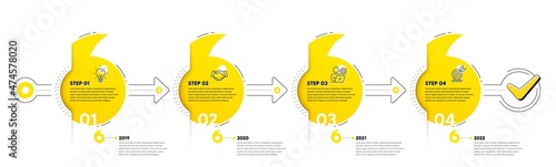 Business Infographic timeline with 4 steps. Quotes journey path infographics. Workflow process diagram with Idea, Deal handshake, Working employee and Goal target line icons. Vector