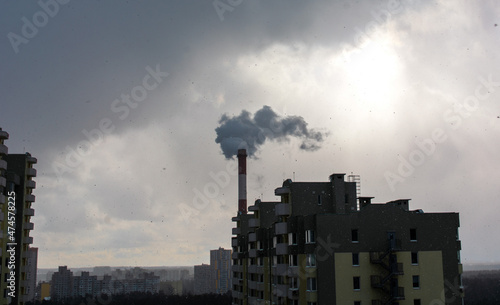 Wallpaper Mural Environmental problem of city air pollution - Industrial construction cranes and building site over Steam and smoke emissions. grunge filter photo Torontodigital.ca