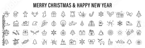 Set of 60 Christmas icons. Merry Christmas and Happy New Year. Collection xmas icons. Winter, santa, tree, presents, snowflakes, holiday. Vector illustration.Web