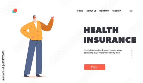 Health Insurance Landing Page Template. Injured Patient Character with Neck Brace. Bandaged Man with Cervical Injury