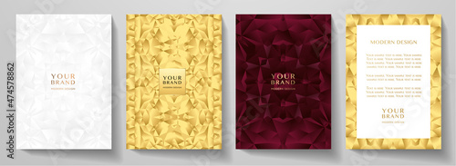 Premium cover, frame design set. Luxury geometric pattern in gold, red, white color. Creative vector background for brochure template, notebook, invite, luxe menu