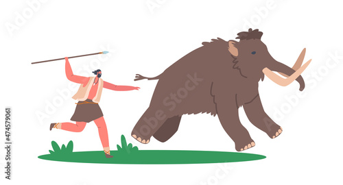 Caveman with Spear Chase Mammoth, Prehistoric Ages Character Hunting. Primitive Neanderthal Person Lifestyle, Man Hunt