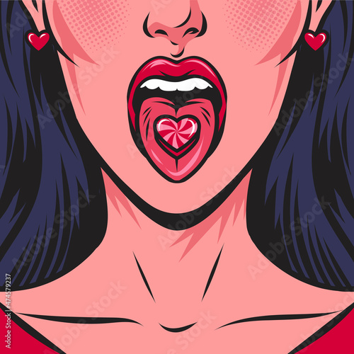 Woman's face with open mouth and heart shaped candy on her tongue. Vector comic hand drawn retro illustration. Pop art poster.