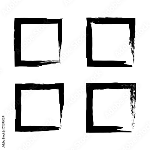 Set of grunge square frames. Trendy design with brush strokes. Isolated on white background. Vector.