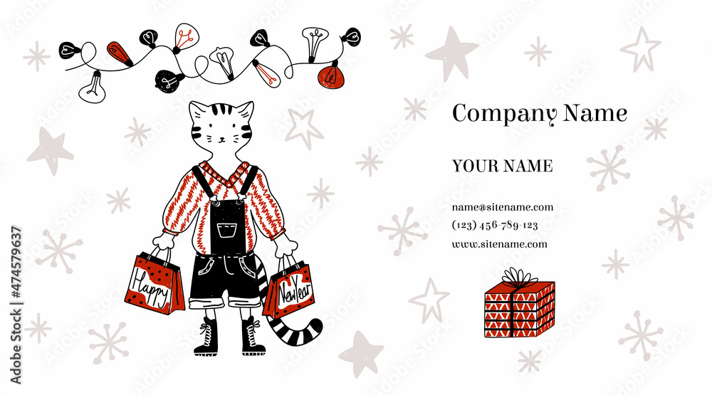 Vector business card layout with concept celebrating winter holidays, New Year, Christmas. It can be used for shops, companies that arrange holidays. Cat with gift bags, gift box, Christmas Light.