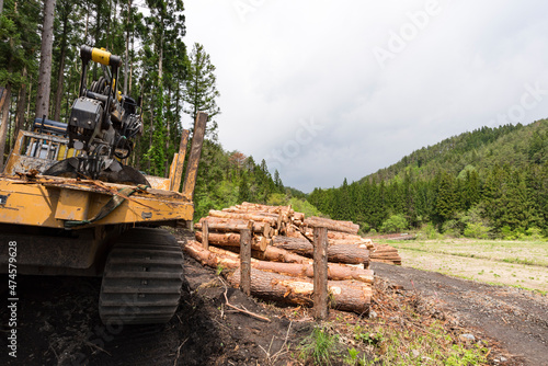 林業伐採現場の貯木場とフォワーダ　木材運搬車
