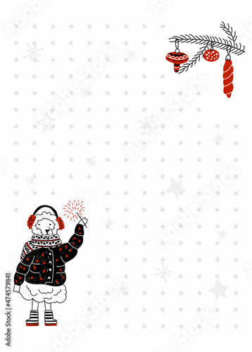 Vector drawn flat illustration with New Year, Christmas layout notebook A6 sheet, notepad to point, bullet. Sheep, sparklers. Concept congratulations, celebrations, decorative design in printing house