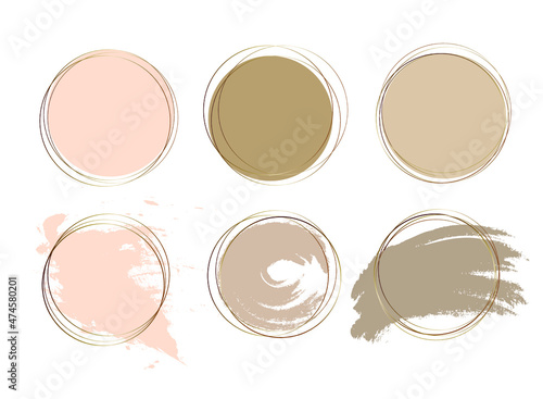 Vector trendy frame set.  Paint stroke in gold round frame