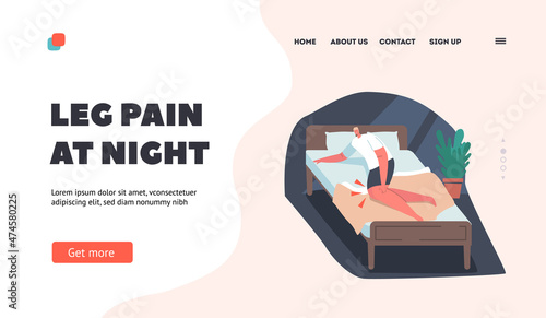 Leg Pain at Night Landing Page Template. Male Character Lying in Bed with Strong Ache in Knees, Man Woke Up at from Pain
