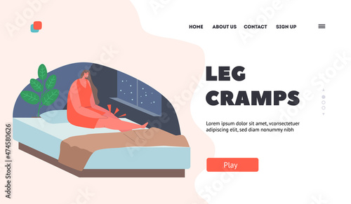 Leg Cramps Landing Page Template. Woman with Cramps in Knees in her Bedroom, Female Character Woke Up at Night