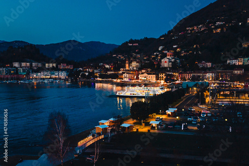 Aerial view of Laveno on Lake Maggiore at night (blue hour)
