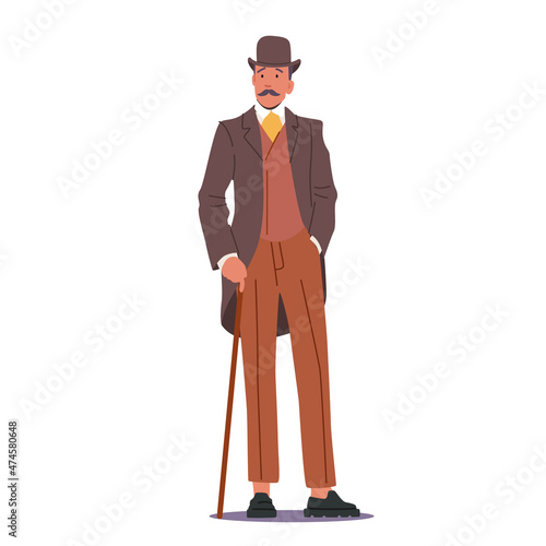 Elegant Proud Man of Nineteenth Century. English Victorian Gentleman in Frock Coat, Hat Hold Walking Cane, Male Charater