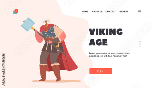 Viking Age Landing Page Template. Barbarian Male Character with Long Beard Wearing Horned Helmet, Boots and Cape