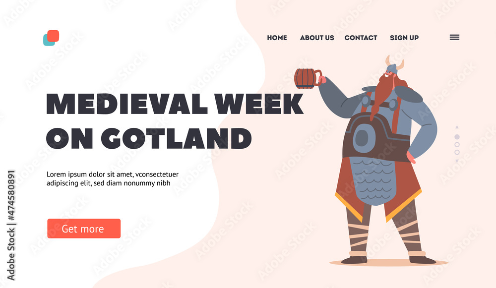 Medieval Week on Gotland Landing Page Template. Viking, Scandinavian Warrior Male Character with Long Tressed Beard Medieval Week on Gotland Landing Page Template. Viking, Scandinavian Warrior Male Character with Long Tressed Beard