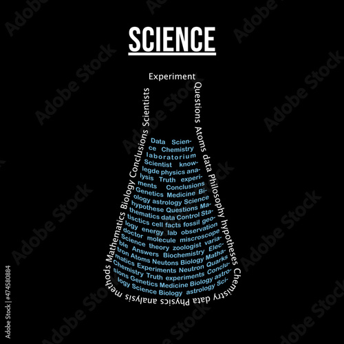 Vector illustration of scientific beaker using science related words highlighting the central theme of Science