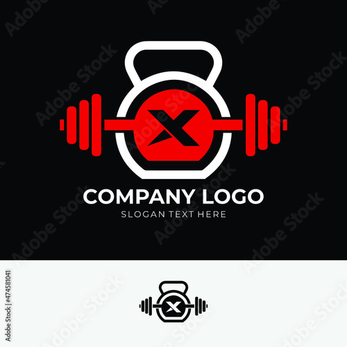 Letter X Logo With barbell and kettlebell | Fitness Gym Logo | Vector Illustration of x Logo Design