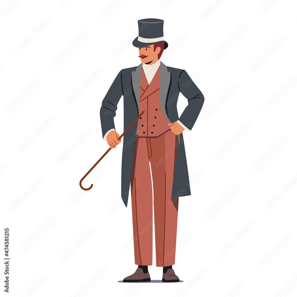 Elegant Proud Man of Victorian Era. Gentleman in Frock Coat, Top Hat Hold Cane in Hand Isolated on White Background