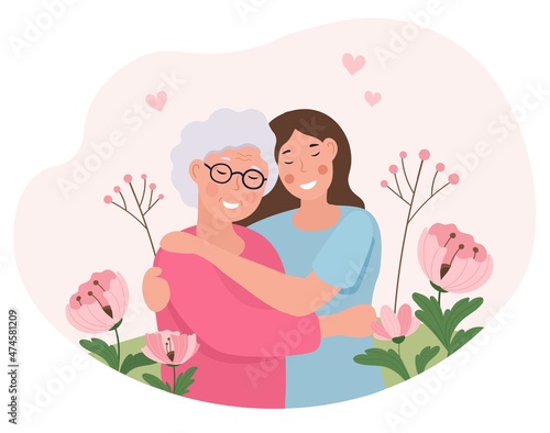 Concept of mothers day. Girl hugs her grandmother. Characters love each other. Design for greeting and invitation cards, postcards. Nature, care, spring, flower. Cartoon flat vector illustration