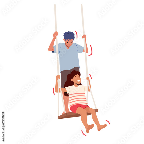 Happy Children Playing together Swinging on Seesaw. Little Boy and Girl Friends or Brother with Sister Characters Fun