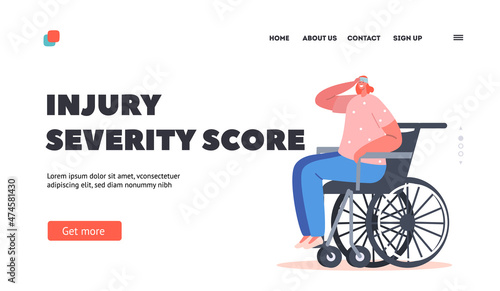 Injury Severity Score Landing Page Template. Woman Sitting on Wheelchair, Character Disability, Paralyzed Handicapped Person