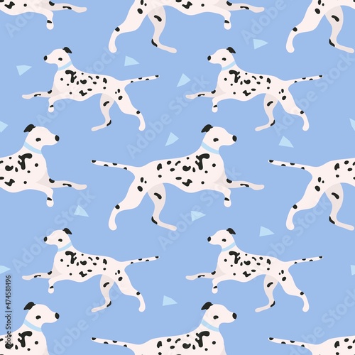 Dalmatian dog seamless pattern on blue background