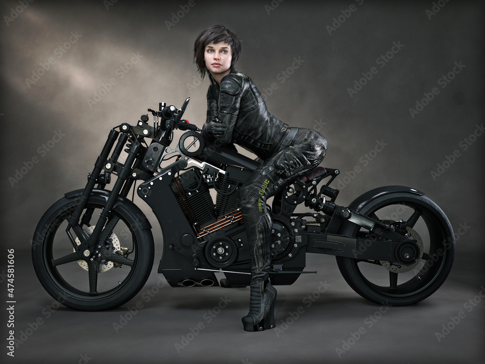 Portrait of a futuristic sci fi female and her custom black motorcycle with a studio backdrop. 3d rendering
