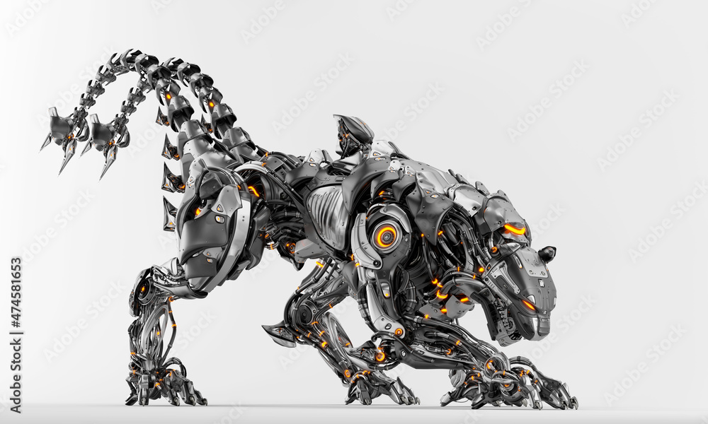 Robot panther in side creeping pose with strong, dangerous double tail, 3d render on light background Robot panther in side creeping pose with strong, dangerous double tail, 3d render on light background
