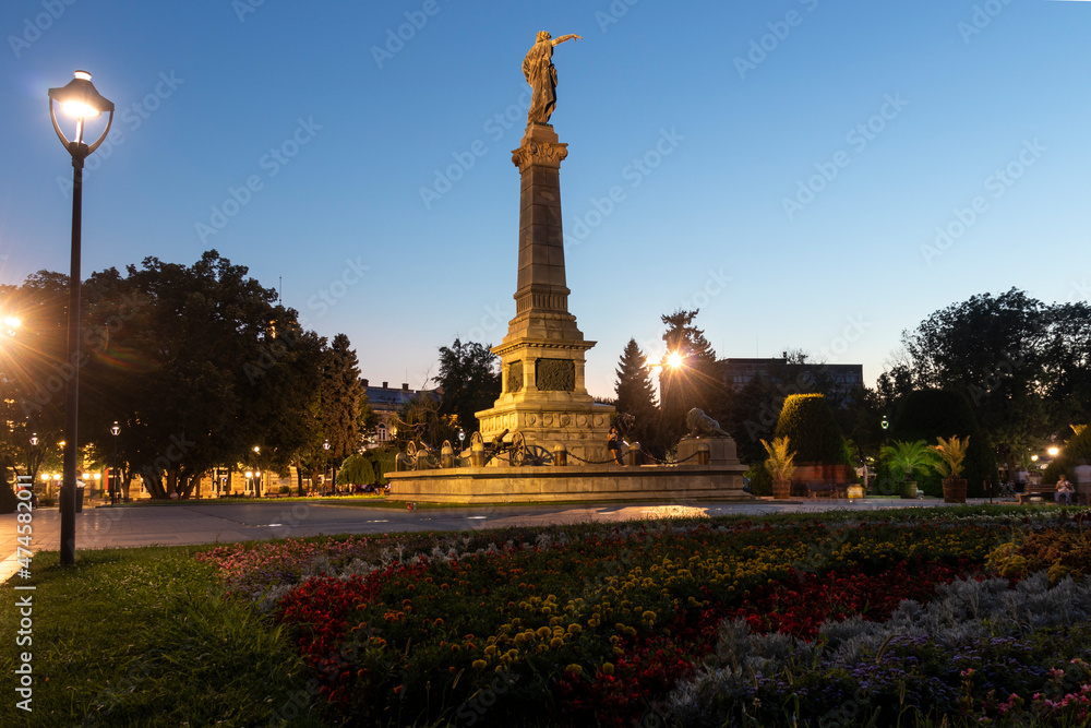Sunset view of Freedom Square in city of Ruse, Bulgaria