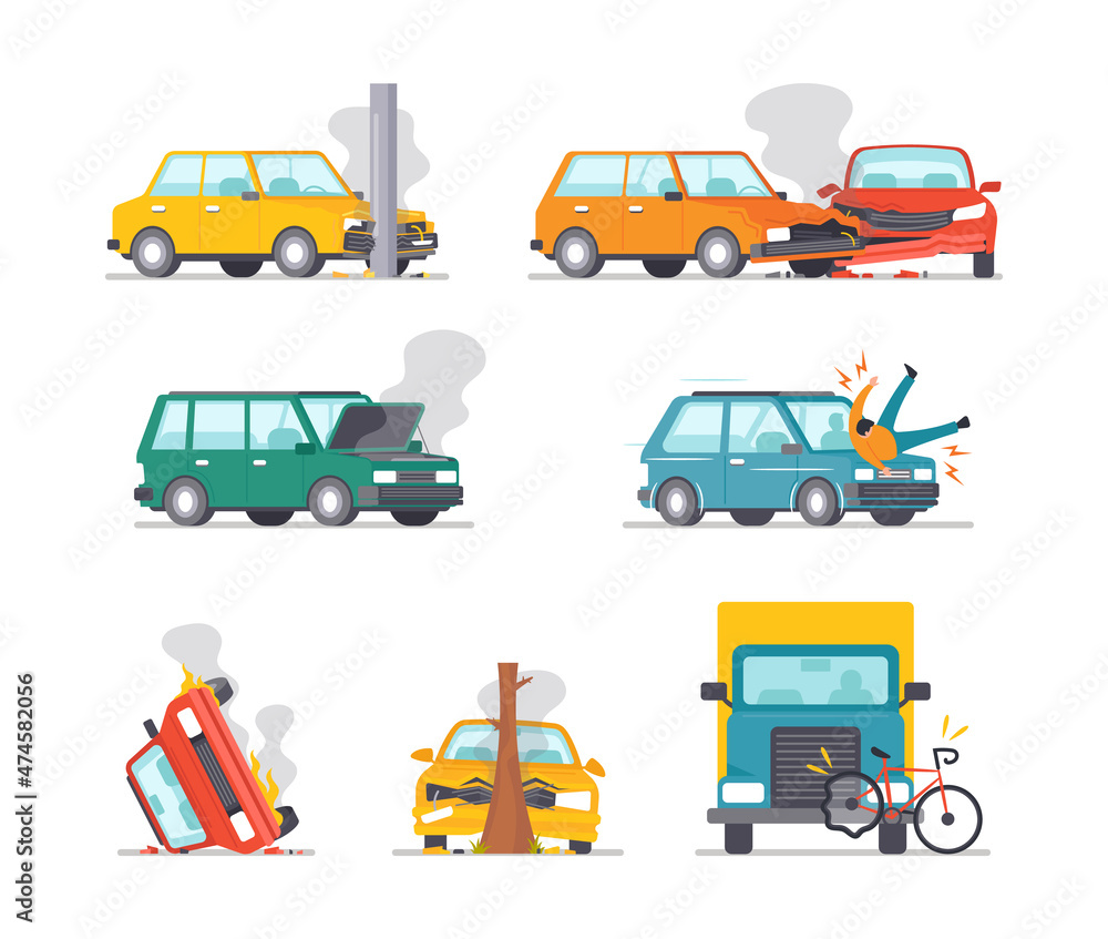 Set Car Accident on Road, Broken Automobiles Stand on Roadside with Open Hood and Steam, Car Bump into Pillar Set Car Accident on Road, Broken Automobiles Stand on Roadside with Open Hood and Steam, Car Bump into Pillar