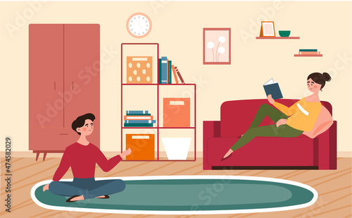 Bookcrosing concept right. Boy waits while his mother reads story. Family interested in story, useful hobbies, learning, selfdevelopment. Home library, literature. Cartoon flat vector illustration