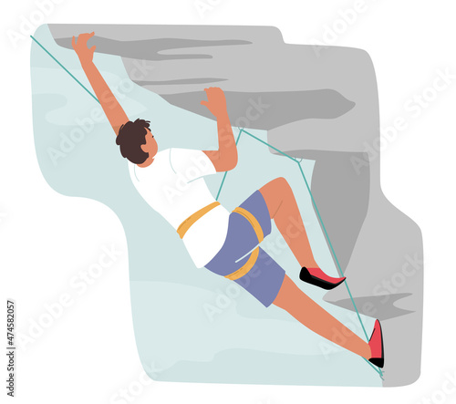 Young Climber Male Character Climbing the Mountain. Man with a Rope Having Extreme Recreation in Park or on Nature