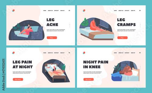Characters Feel Sharp Muscle Pain in Legs Landing Page Template Set. Night Cramps. People Suffering of Spasms and Numb