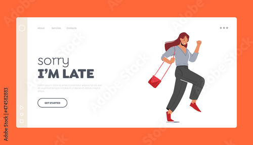 Woman Late Landing Page Template. Student, Office Worker, Businesswoman Character Hurry, Running Girl Late at Bus