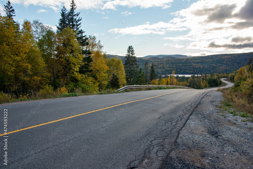 Naklejka premium A long two lane paved road with a slight s curve and yellow line. The highway has tall orange, green and yellow trees on both sides and a blue sky with clouds.