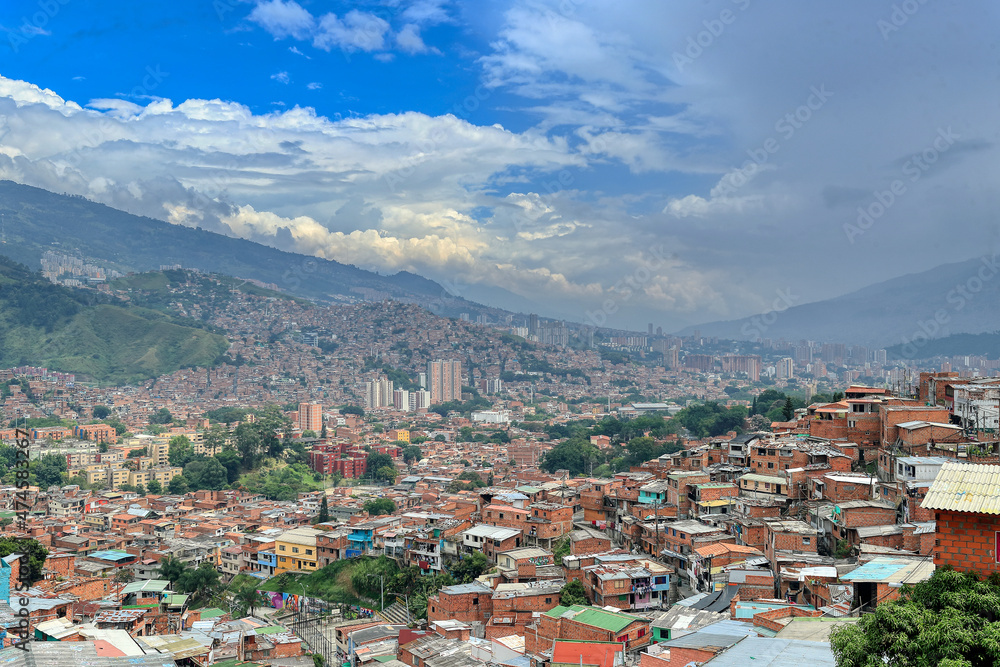 LATAM. Columbia, sityscape of Medellin. San Javier is a residential area, occupying a hilly sprawl at the western edge of Medellín. It is one of the most densely populated parts of the city