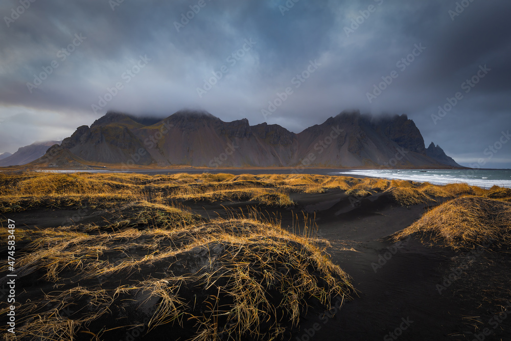 Vestrahorn mountain and black sand beach in stokksnes peninsula Iceland