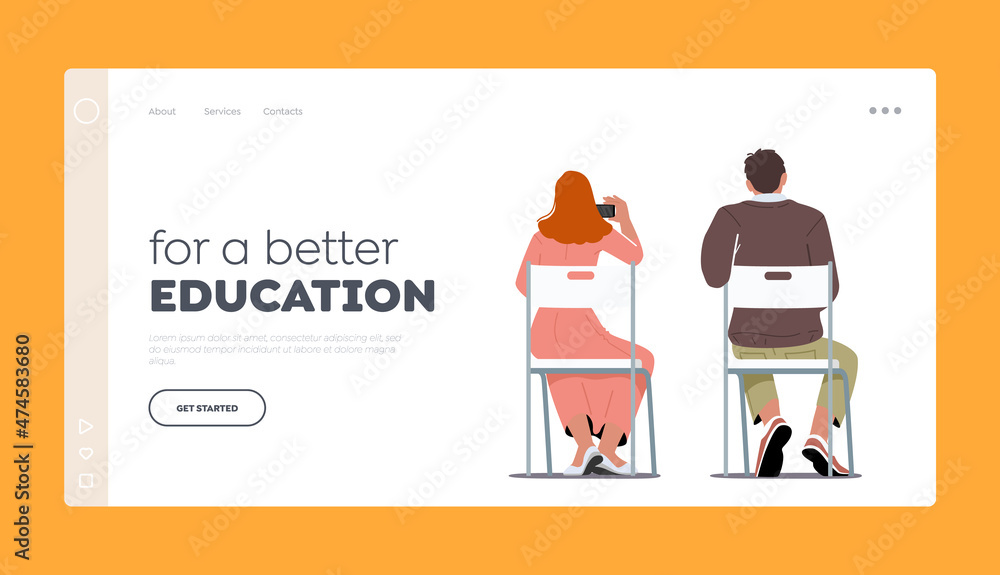 Education Landing Page Template. People Sitting Back View. Young Man and Woman Characters Sit on Chairs in University